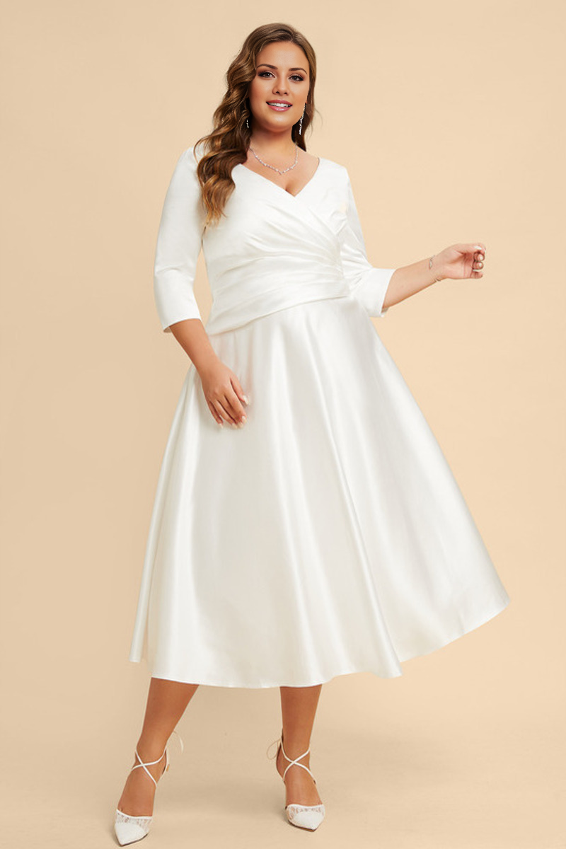 A-line V-neck tea 3/4 sleeve satin wedding dress
