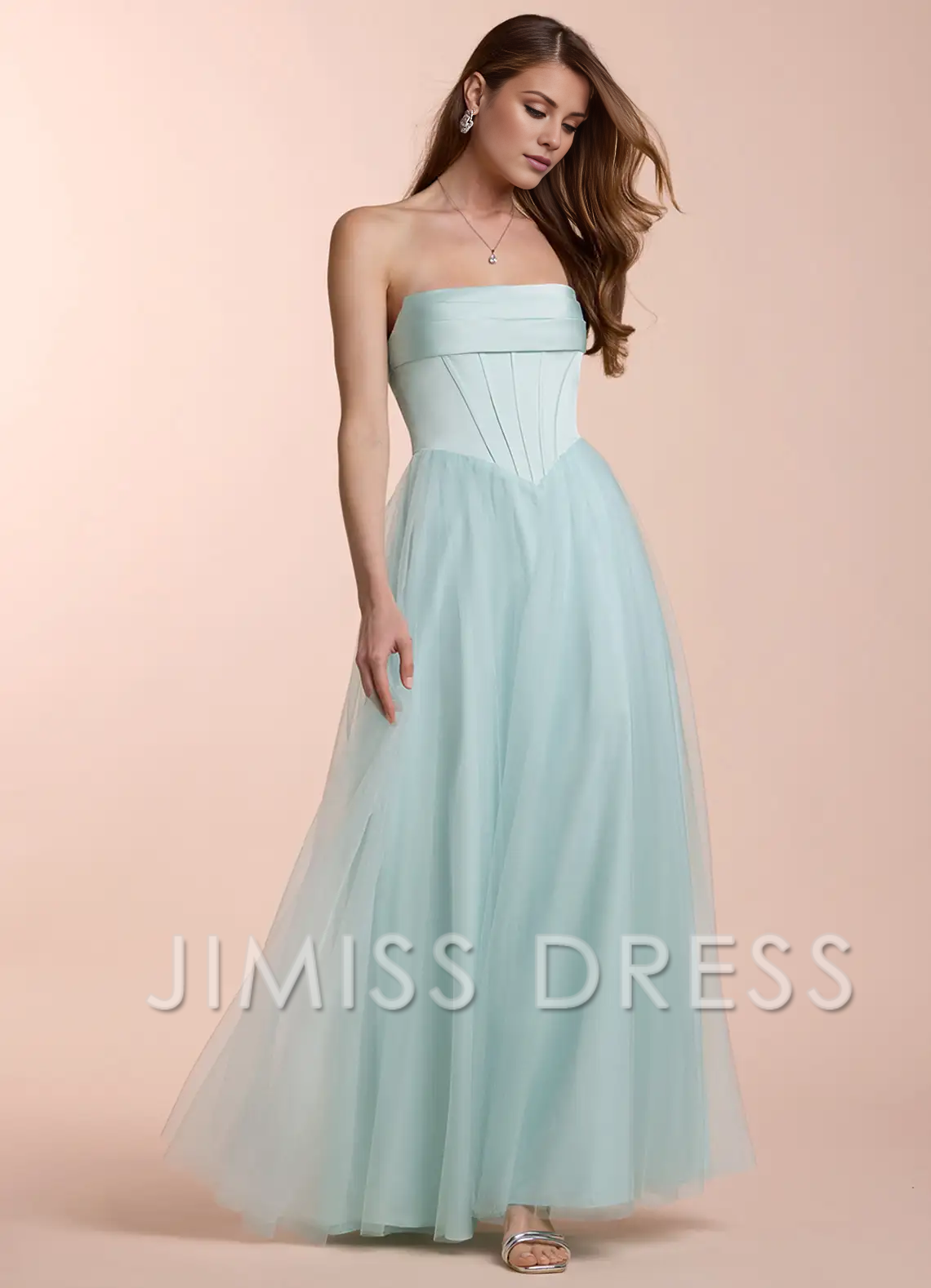 Jimiss - off shoulder collar sheer strapless and floor length Prom dress