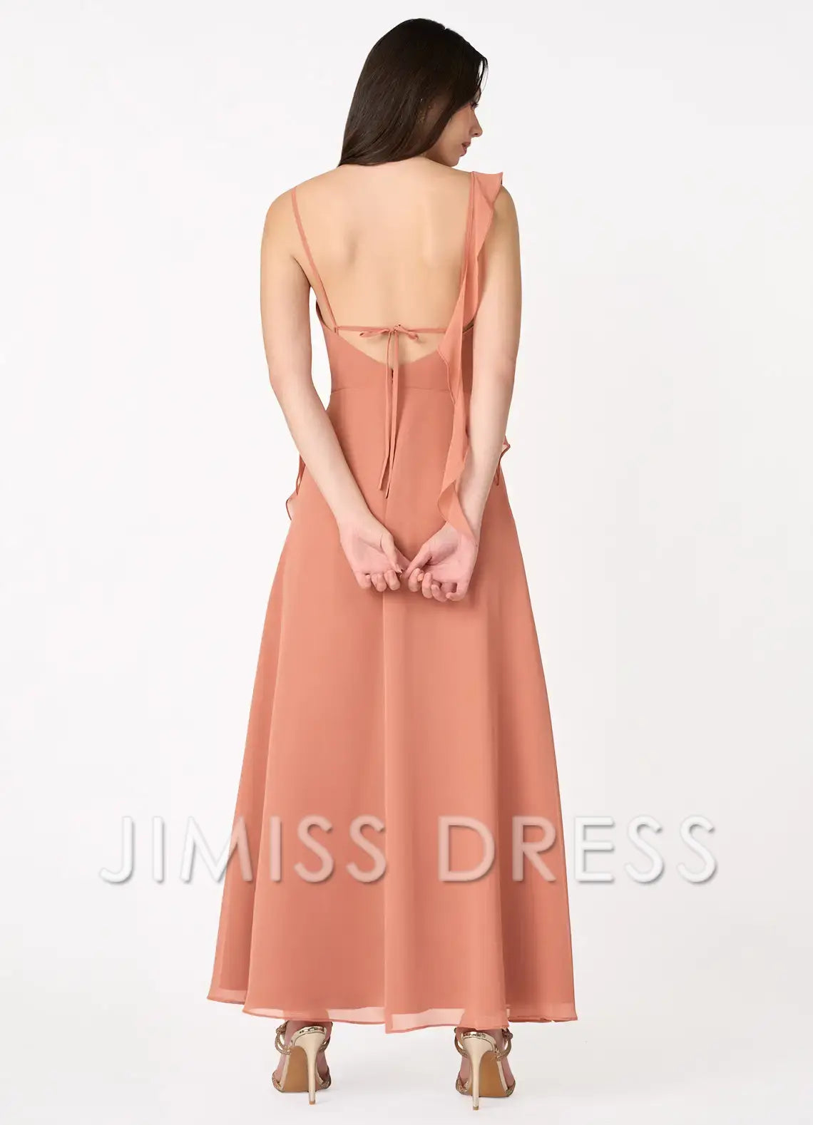 Jimiss slim shoulder chiffon asymmetrical ruffle edge side slit and floor length Prom dress