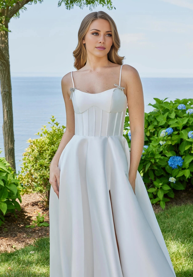 A-line spoon collar front slit and floor length evening gown