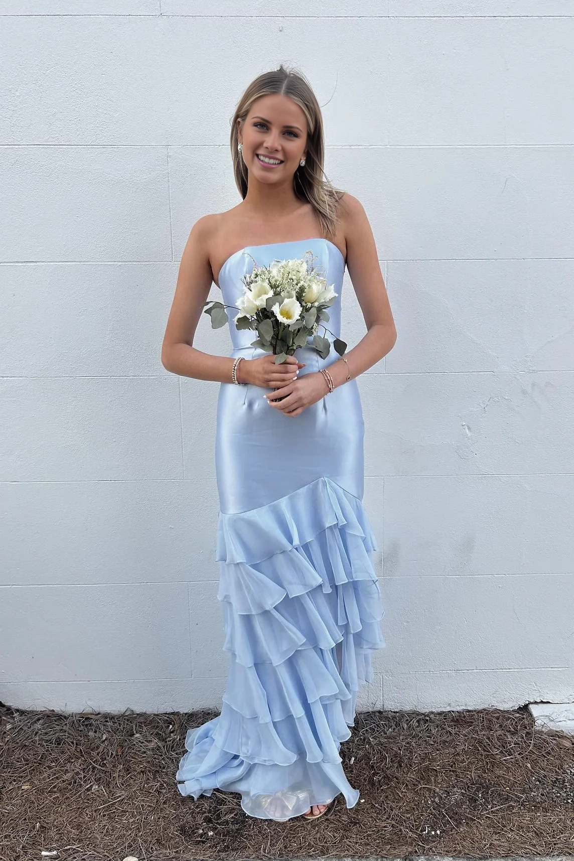 Jimiss off shoulder blue layered slit mermaid long dress