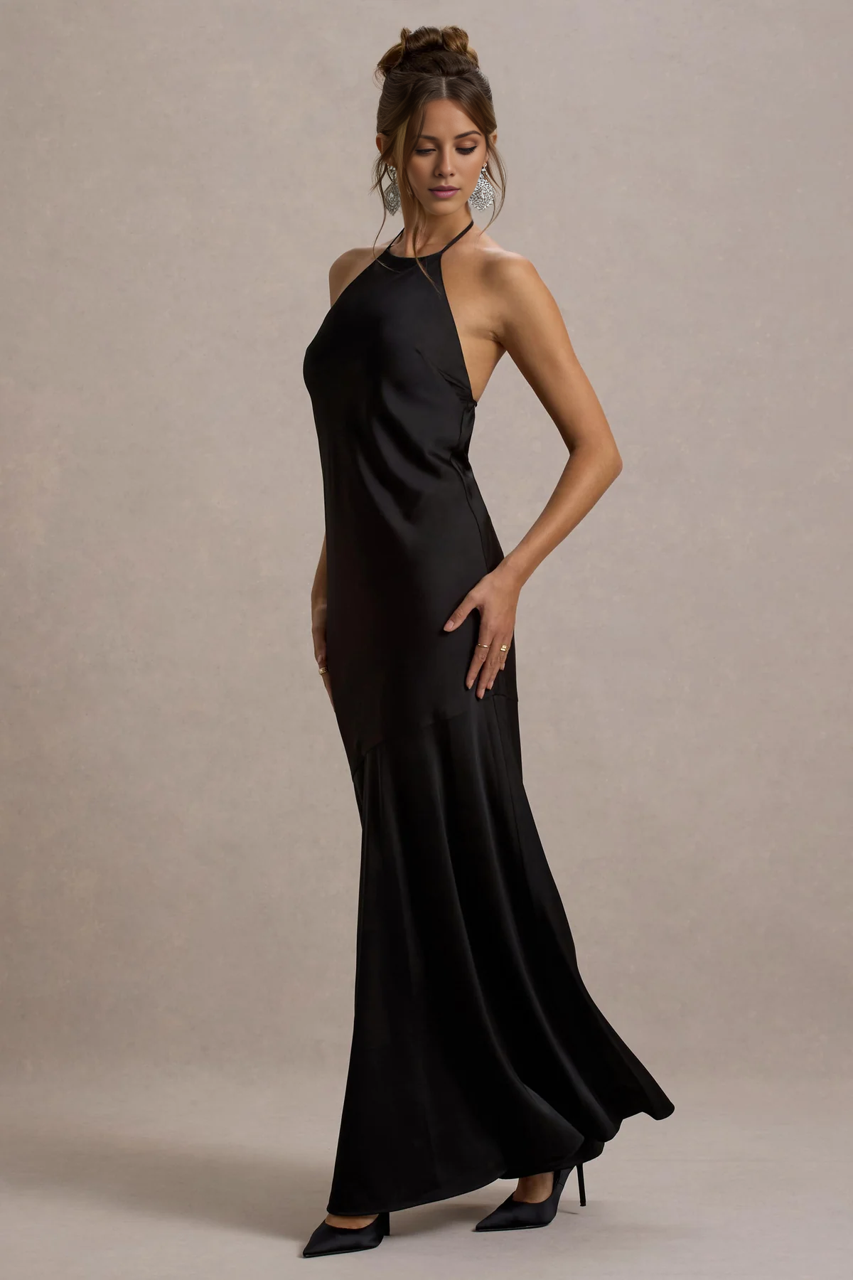 Hanging neck collar satin backless mid length evening dress - Jimiss dress