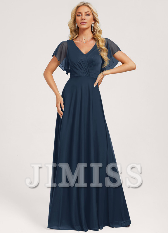 Ruffled A-line V-neck Floor-length Mesh Bridesmaids Dress