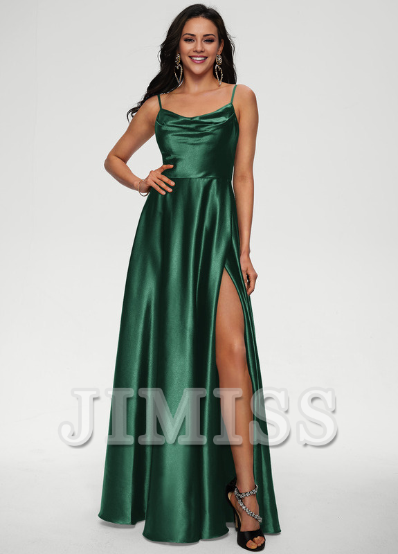 A-line draped floor-length satin prom dress