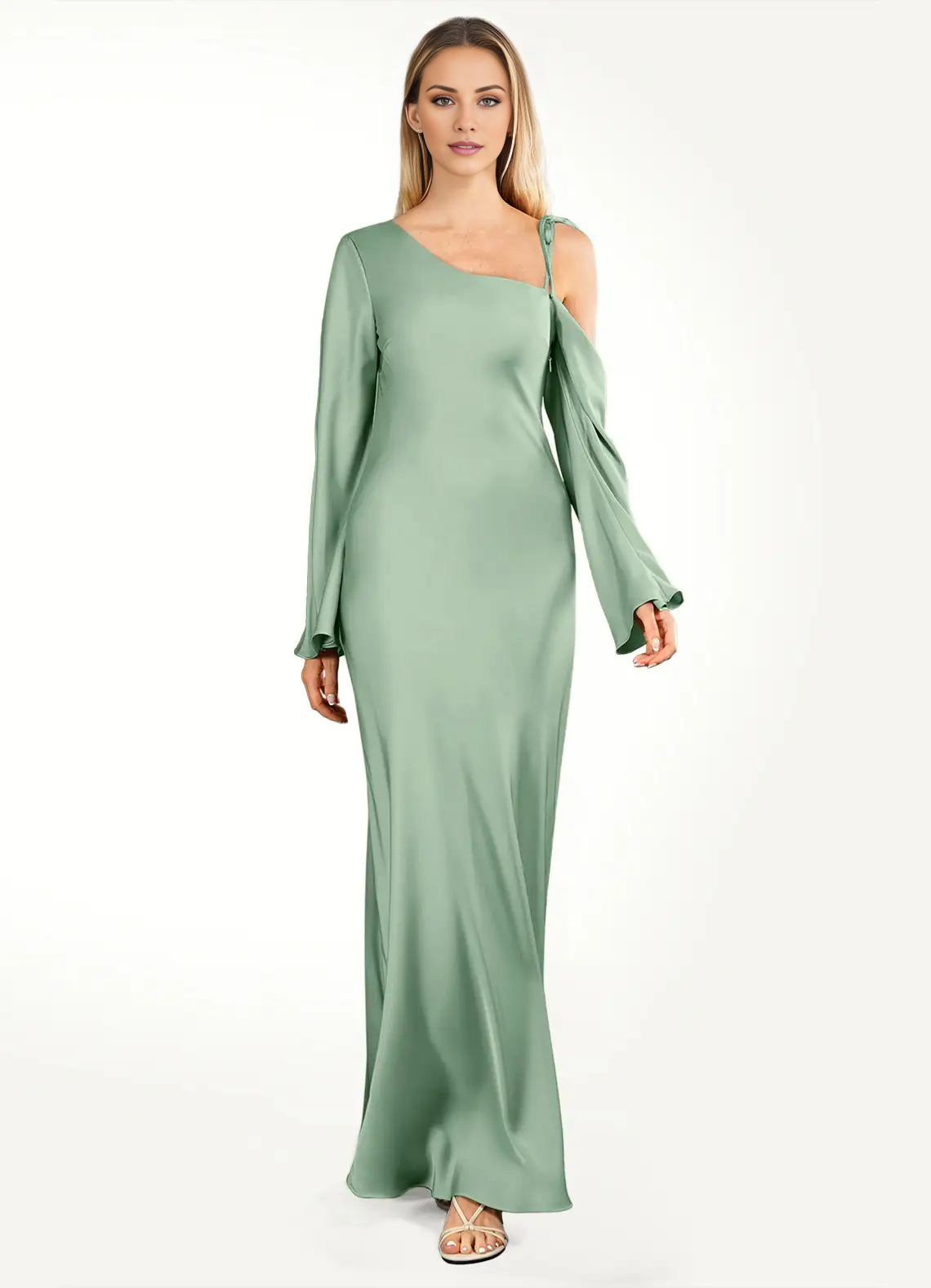 Asymmetric single shoulder collar satin and floor length evening dress