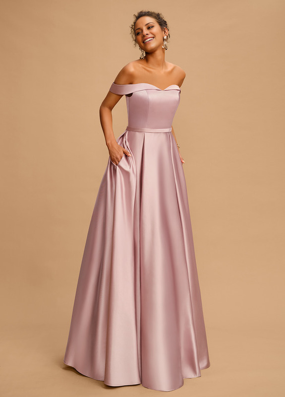 A-line off-the-shoulder floor-length satin prom dress