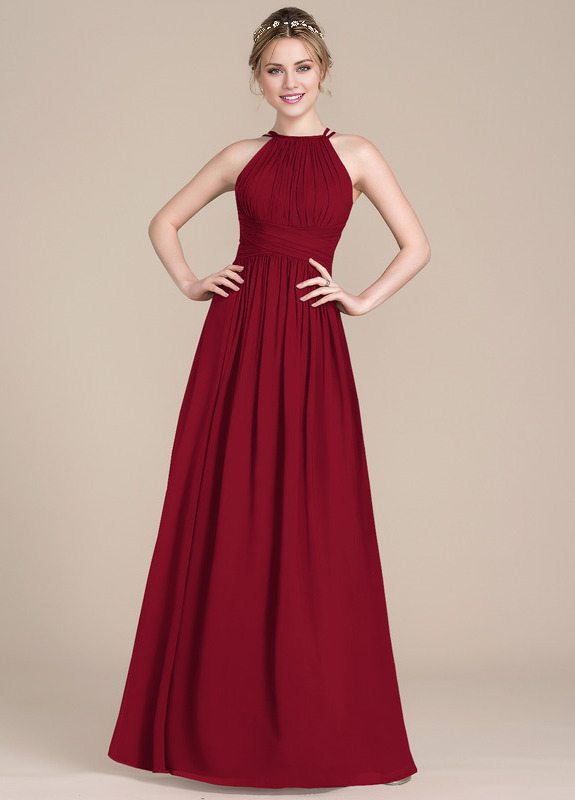 Ruffled A-line scoop neck floor-length chiffon prom dress