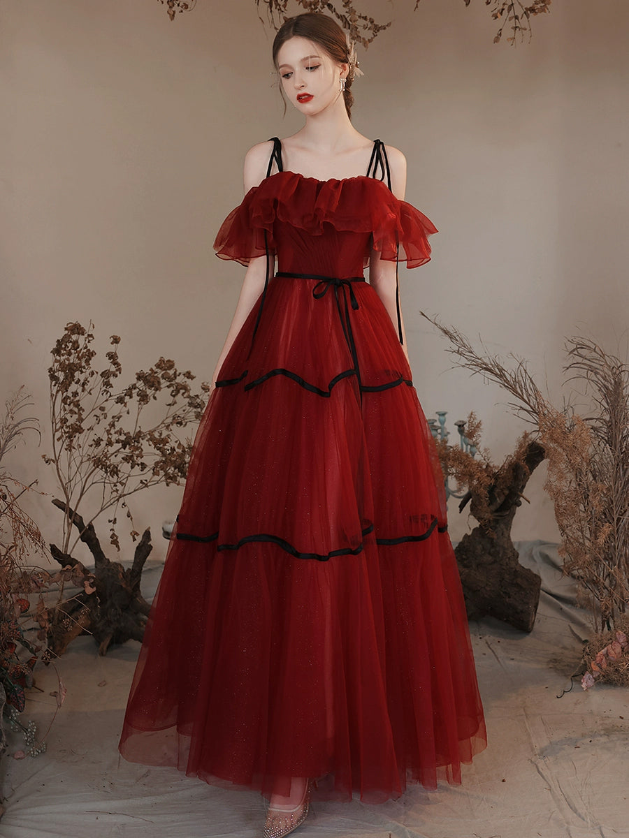 A-Line Off Shoulder Tulle Burgundy Long Prom Dress, Burgundy Formal Dress