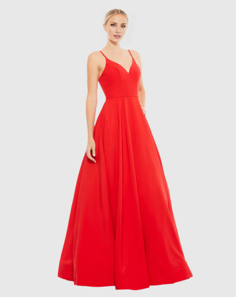 A-line V-neck spaghetti strap sleeveless floor-length evening dress