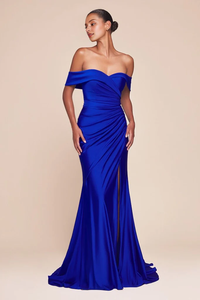 Off shoulder satin side slits and floor length godons evening dresses