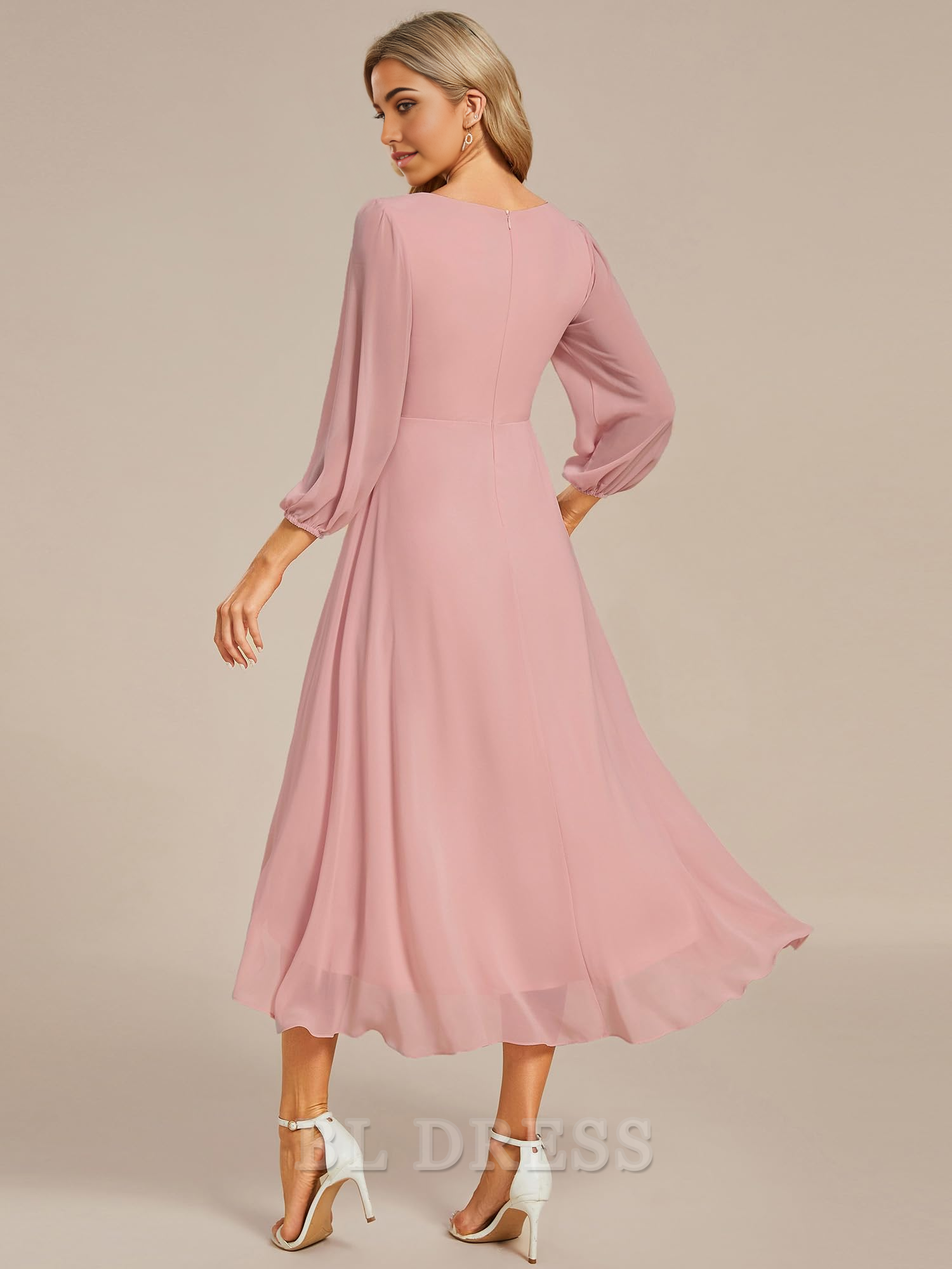 A-Line V Neck Chiffon Pleated Long Sleeves Midi Length formal dresses Bridesmaid Dresses evening gown Prom Dress