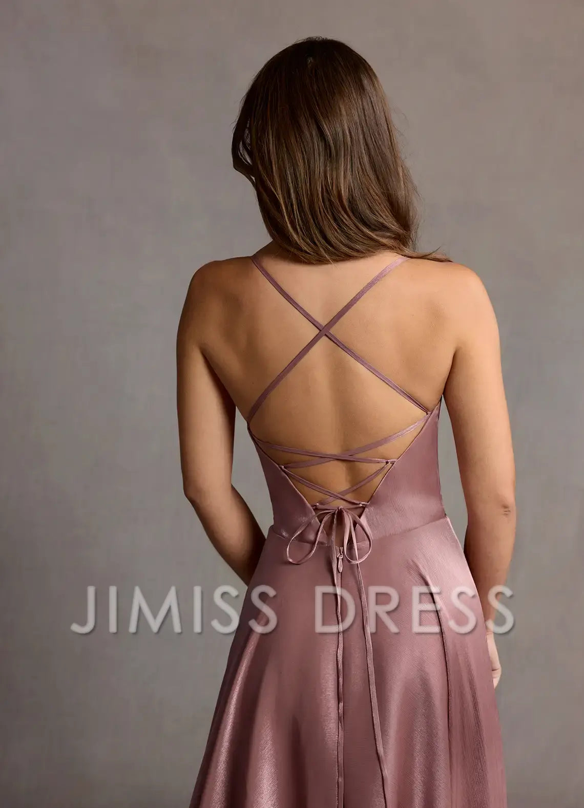 Jimiss slim shoulder strap V-neck backless side slit and floor length Prom dress