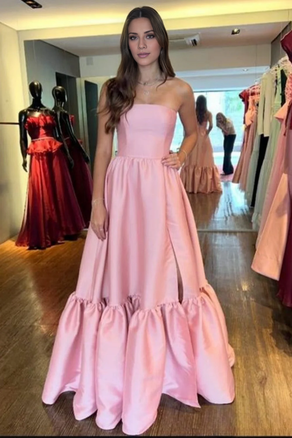 Jimiss off shoulder pleated A-line slit and floor length dress