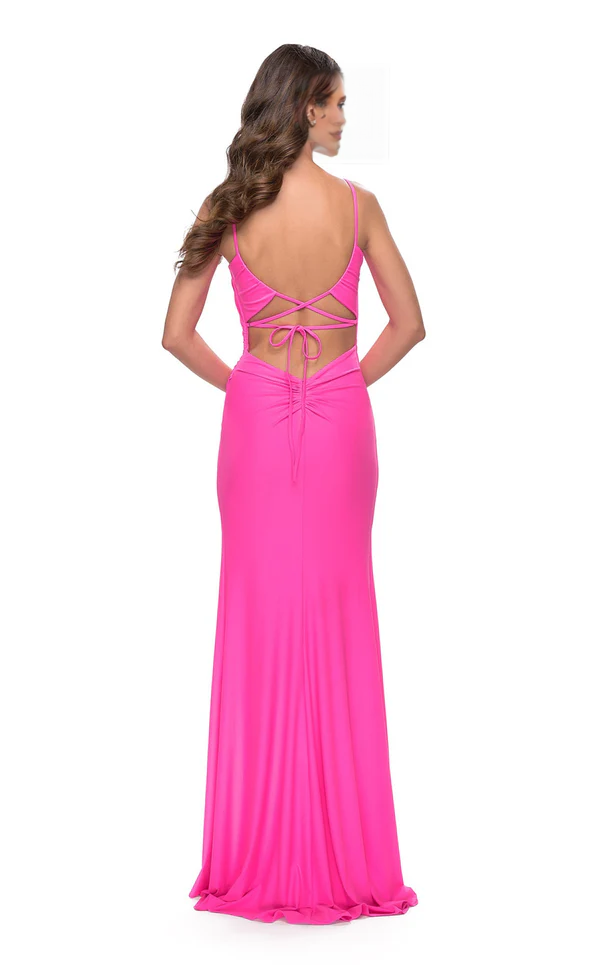 Square neckline sleeveless tight corset with side slits and floor length evening dress