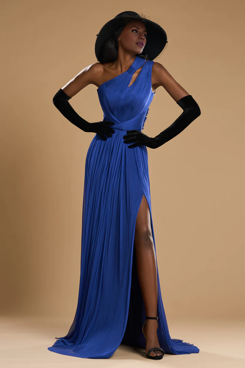 Thin sheer corset with satin lining and floor length evening gown