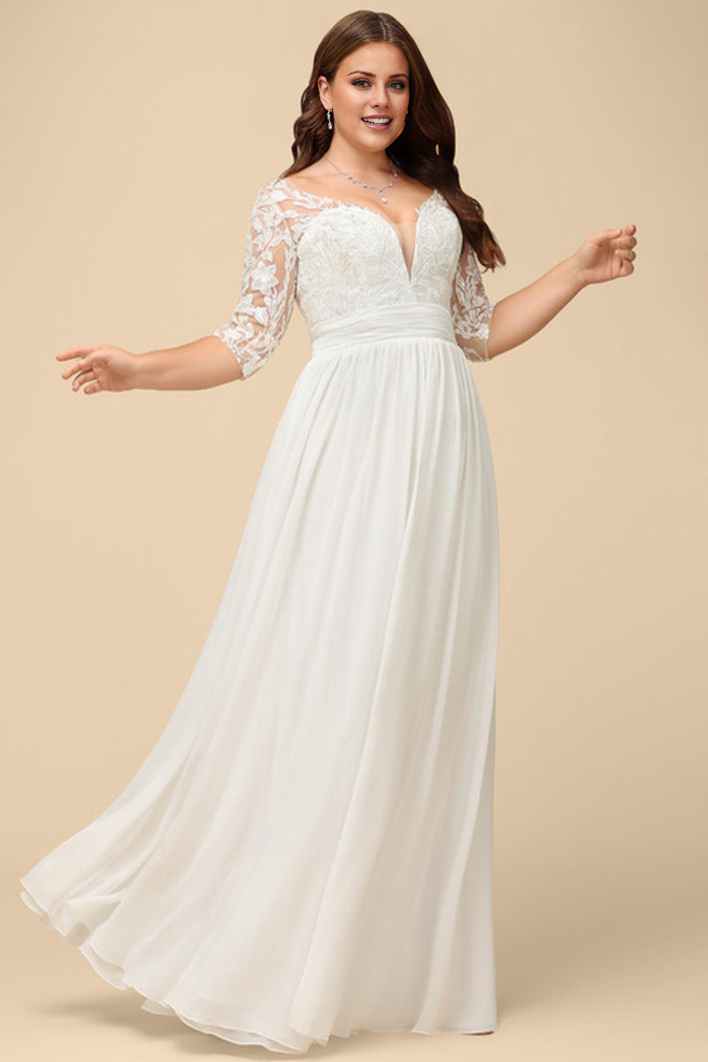 Sparkling ruffle A-line V-neck 3/4 sleeves and lace chiffon wedding dress