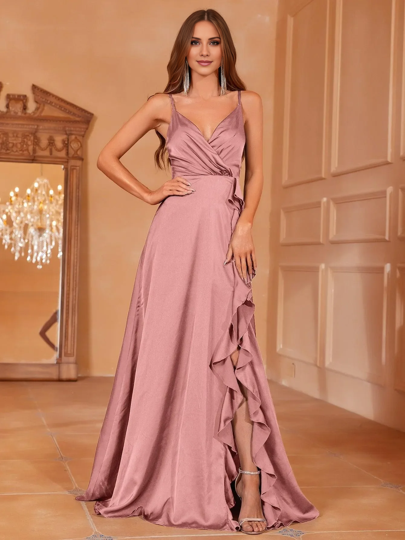V-neck ruffle edge slit satin thin shoulder strap and floor length formal dress