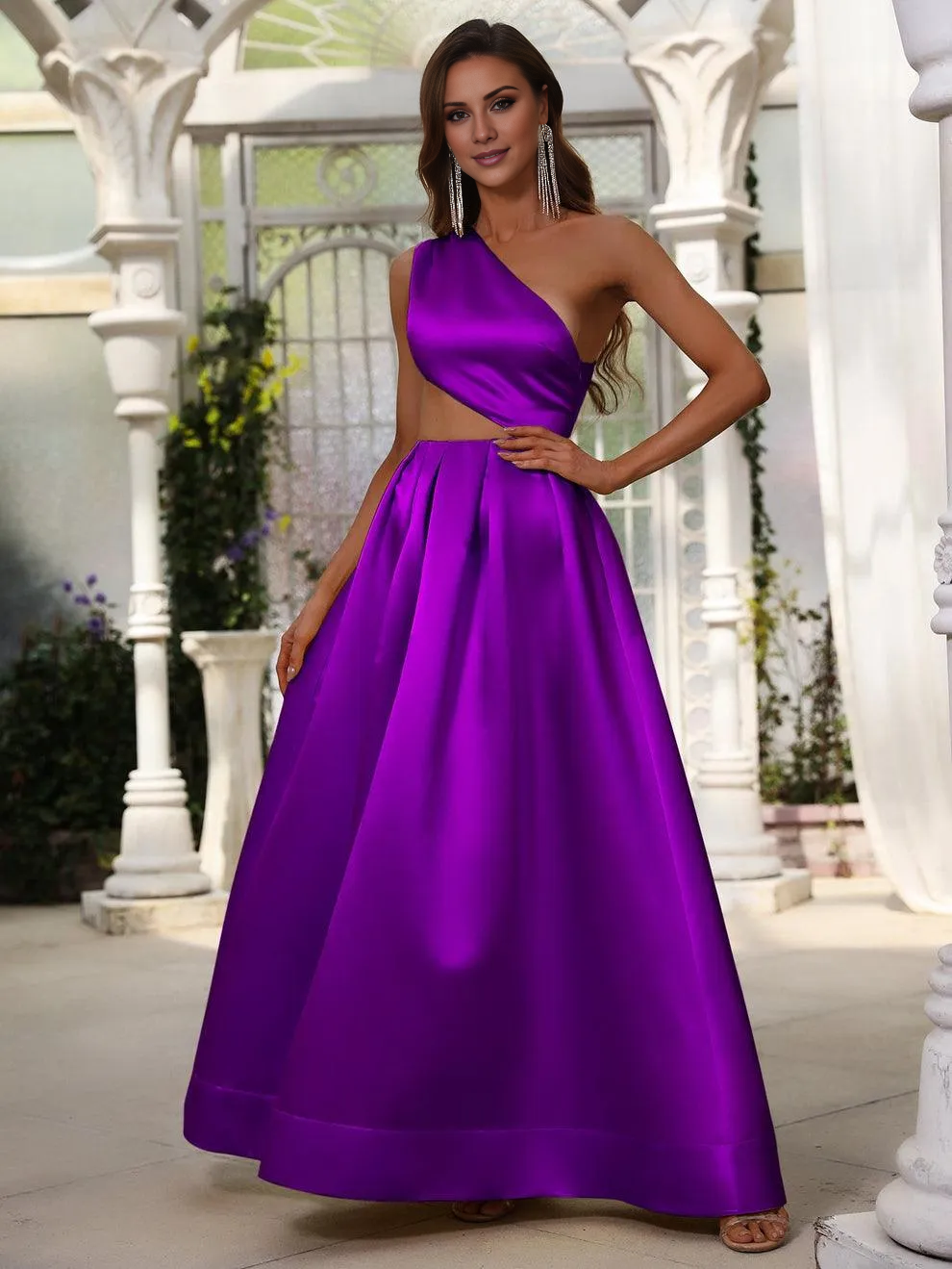 One shoulder hollow satin and floor length formal dress