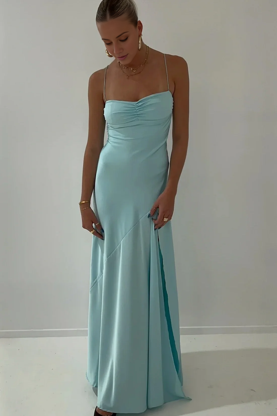 Jimiss minimalist tight thin shoulder strap pink front slit long Prom dress