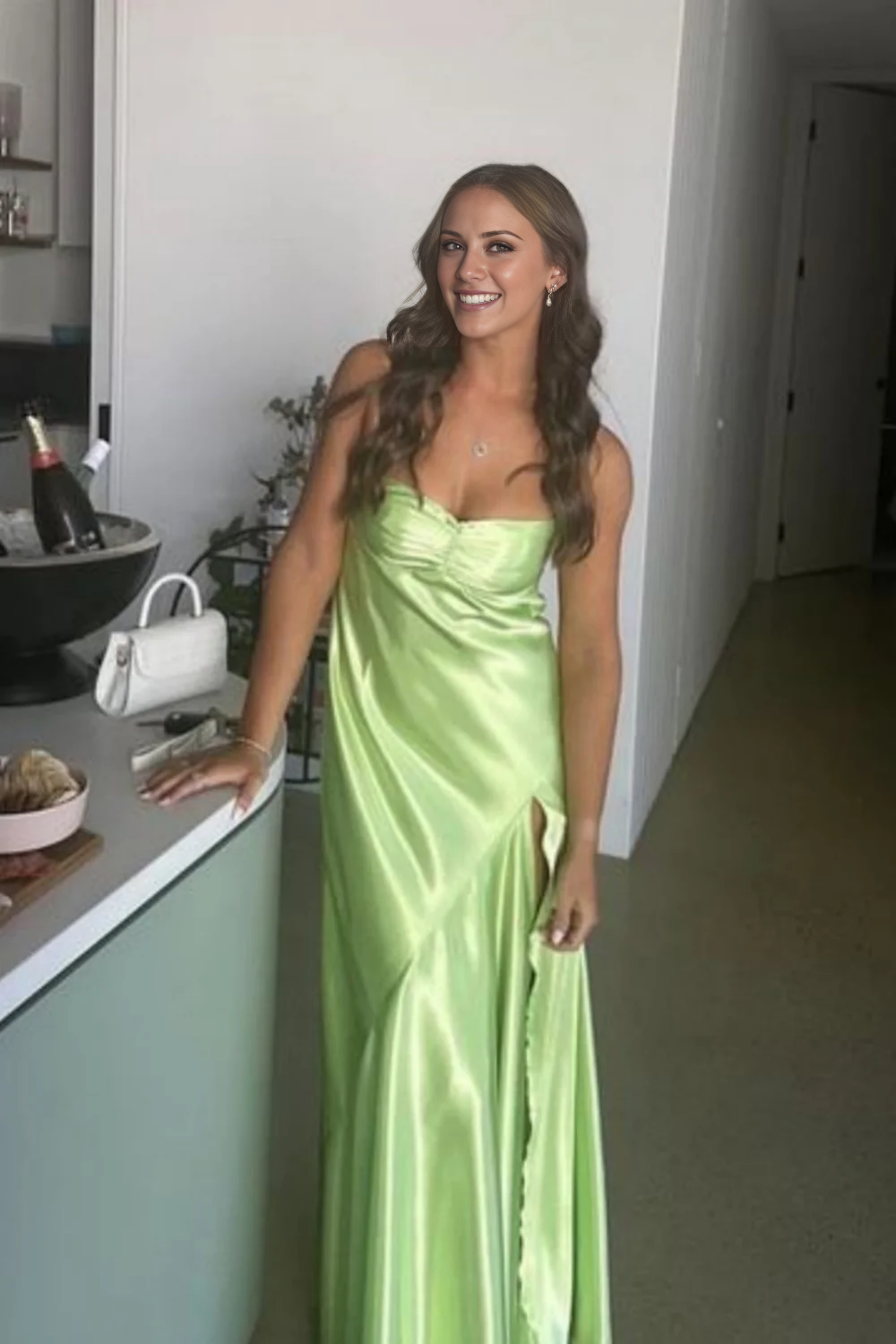 Jimiss thin shoulder strap pleated slit evening dress