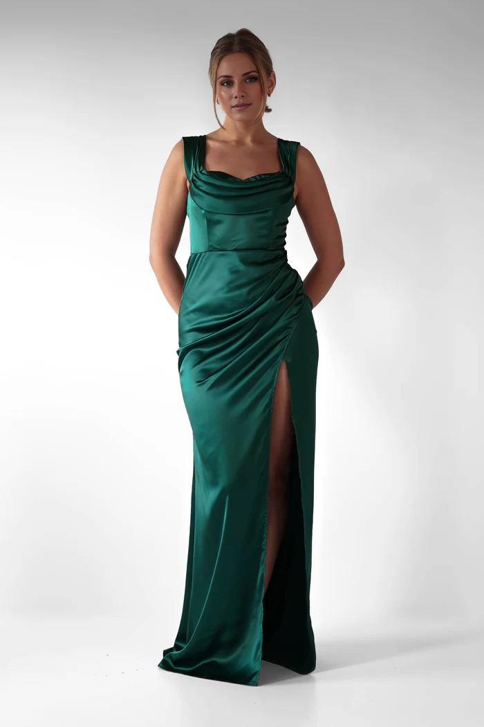 Off shoulder collar satin side slit backless and floor length Prom dress - Jimiss Dress
