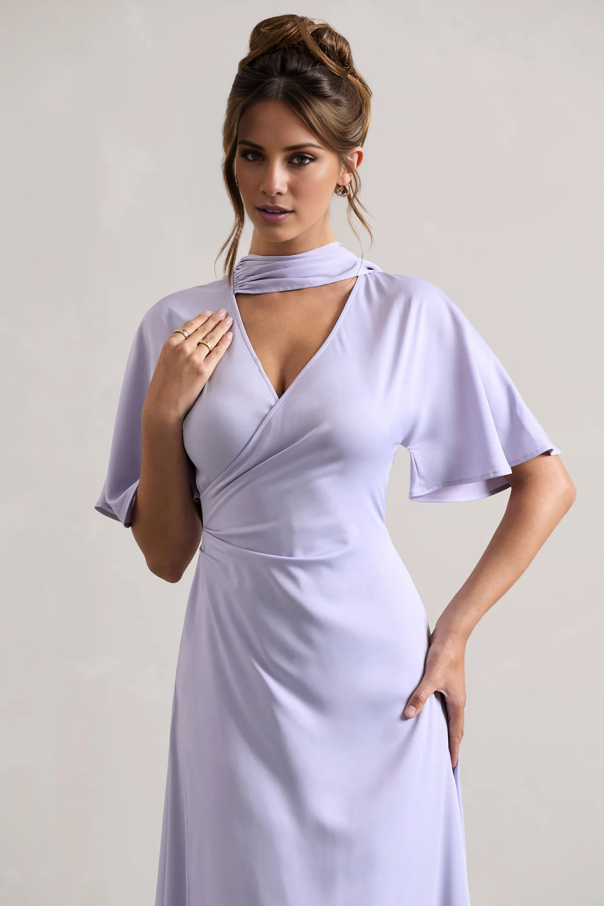 V-neck asymmetrical lotus leaf sleeves long evening dress - jimiss Dress