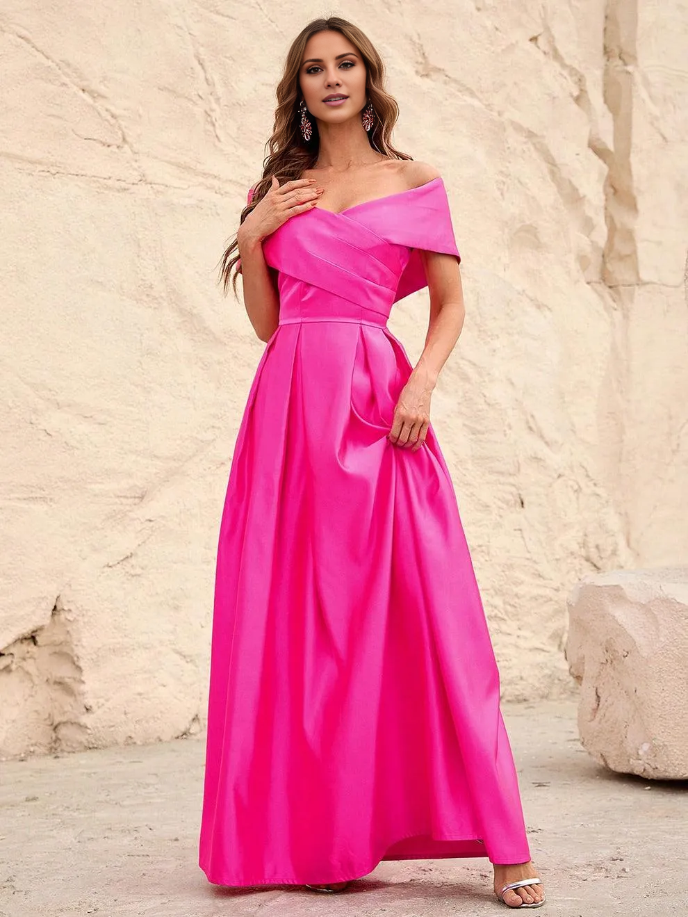 A-line off shoulder pleated detail satin and floor length formal dress