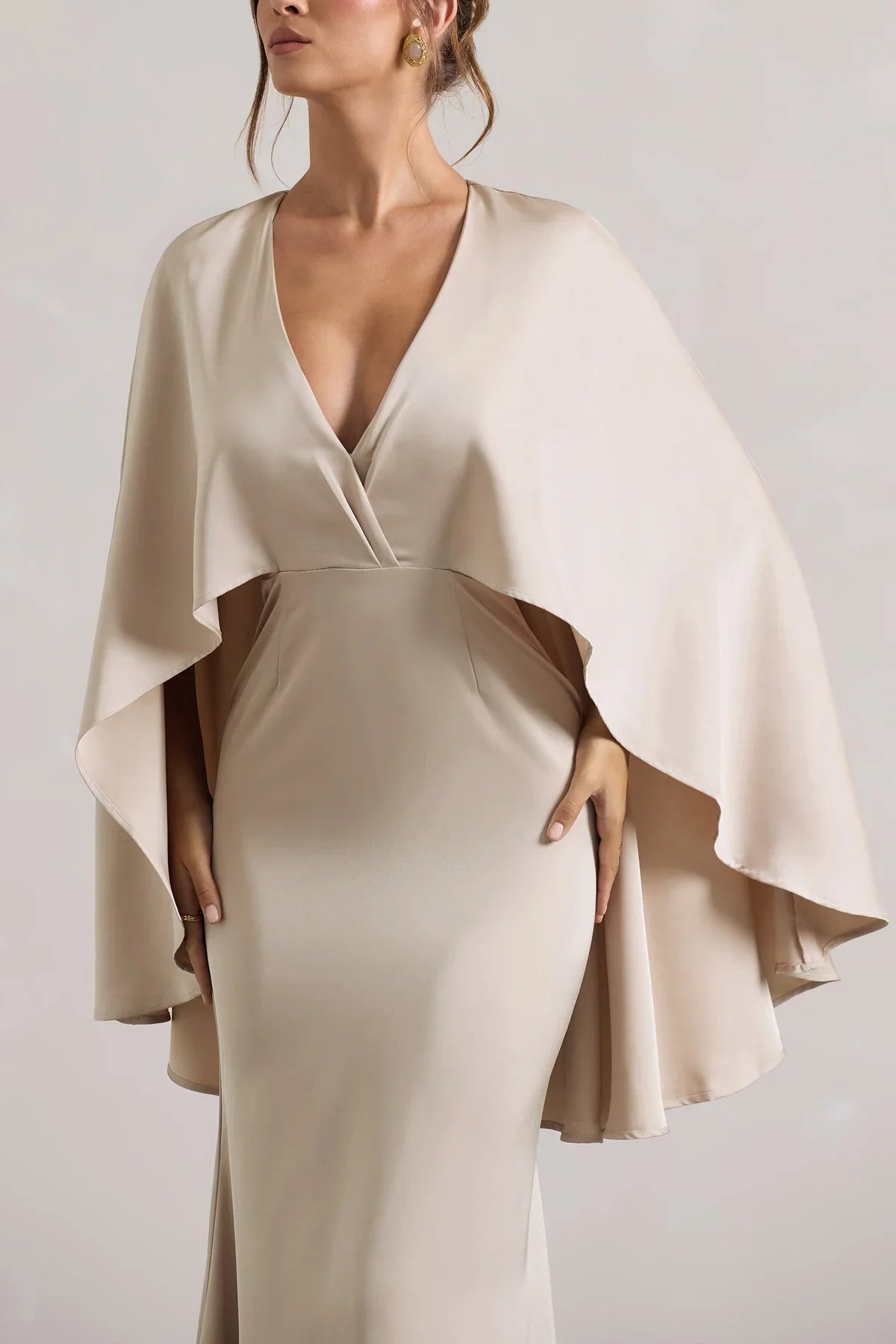 Cloak sleeves satin deep V-neck and floor length evening dress - Jimiss dress