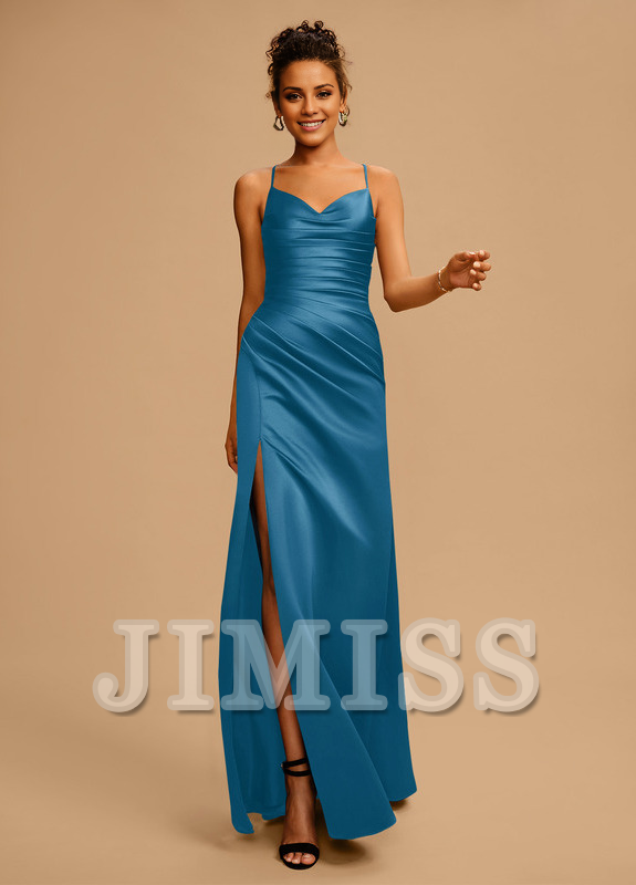 Bodycon/straight V-neck floor-length pleated satin prom dress