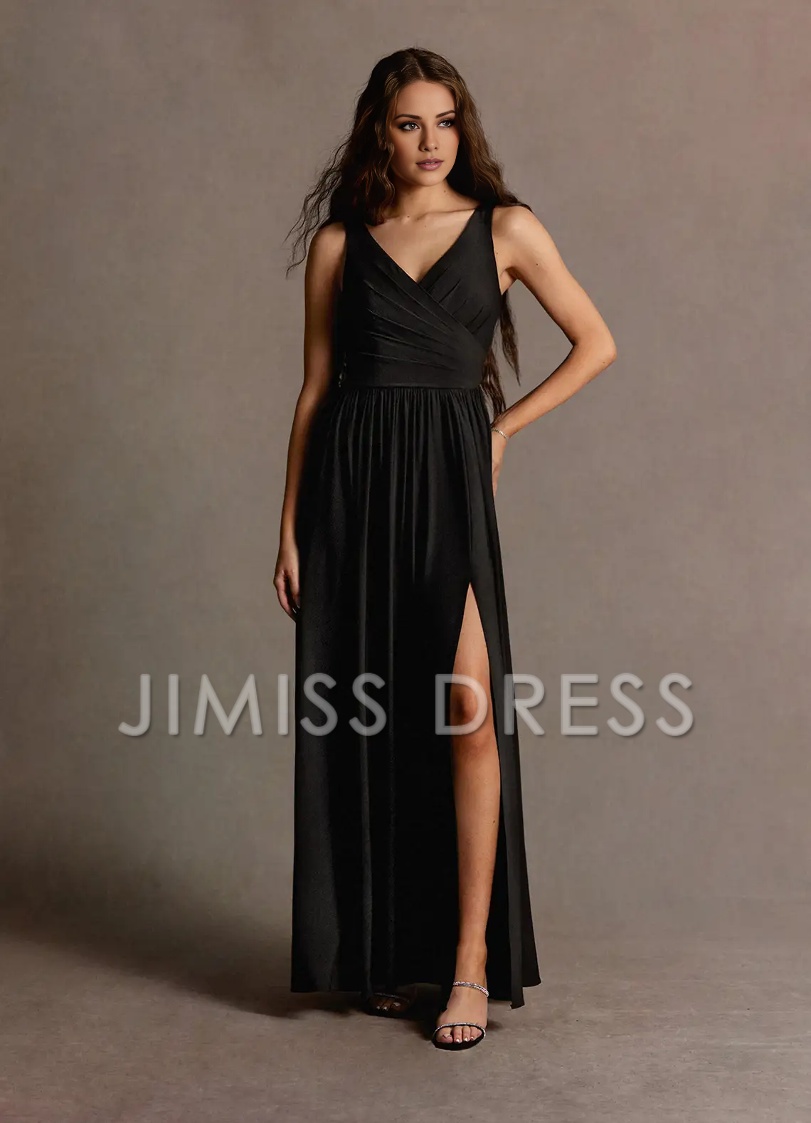 Jimiss slim shoulder strap V-neck side slit and floor length Prom dress