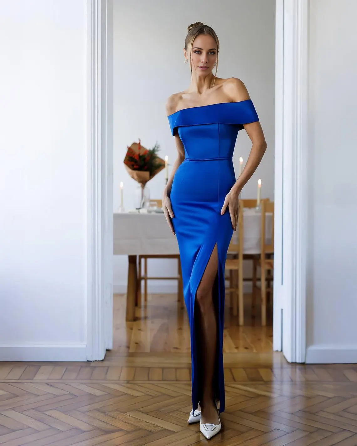 Jimiss - Off Shoulder Collar Satin Sleeveless Back and Floor length Prom Dress