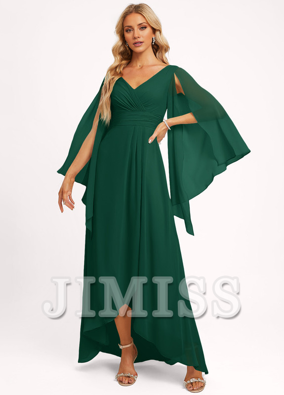 Ruffled A-line V-neck Asymmetric Chiffon Bridesmaids Dress
