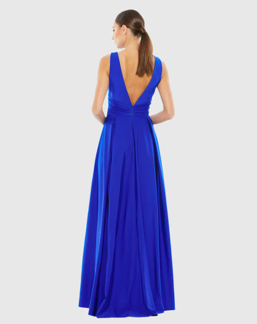 Deep V neckline sleeveless backless side slit floor length evening dress