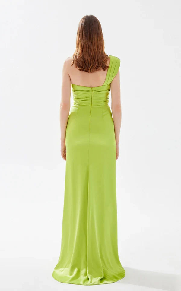 A-line asymmetrical collar tight corset and floor length evening dress