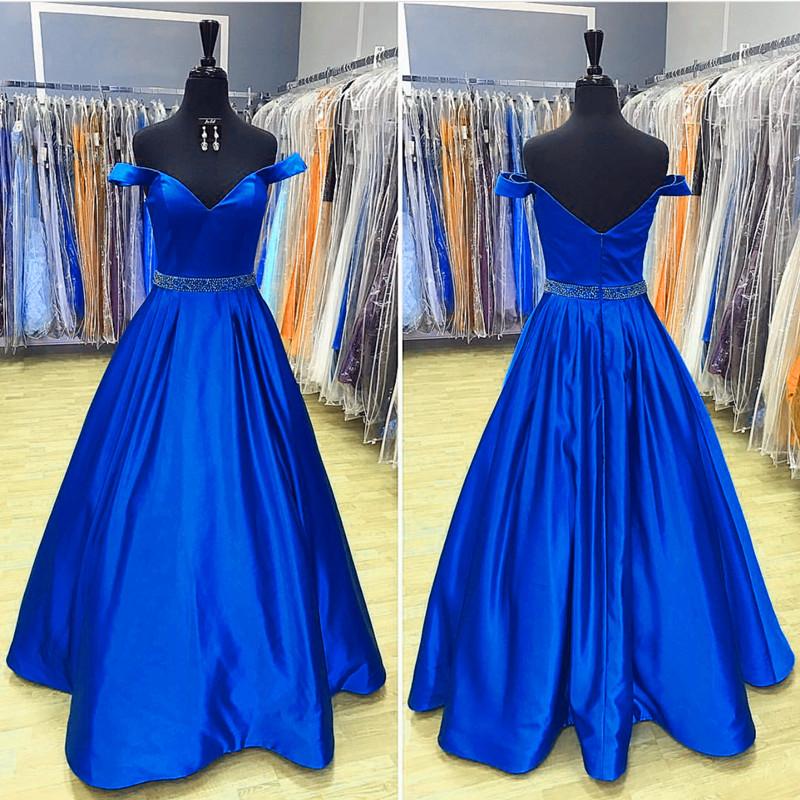 V Neck Off The Shoulder Satin Prom Dresses 2019 Evening Gowns Beaded Sashes