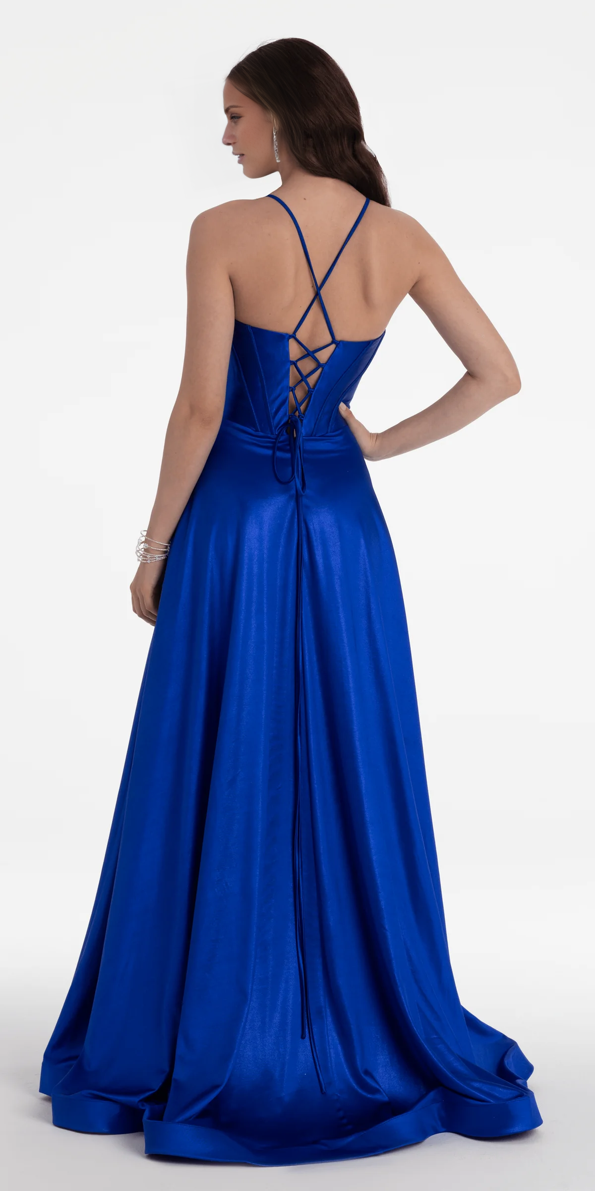 Jimiss off shoulder satin thin shoulder strap tight corset and floor length Prom dress