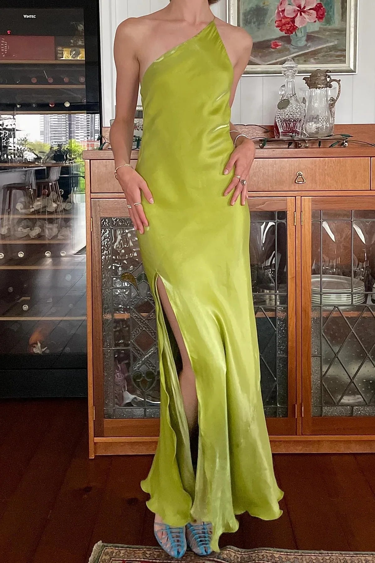 Jimiss Unique Tight One Shoulder Light Green Long Prom Dress