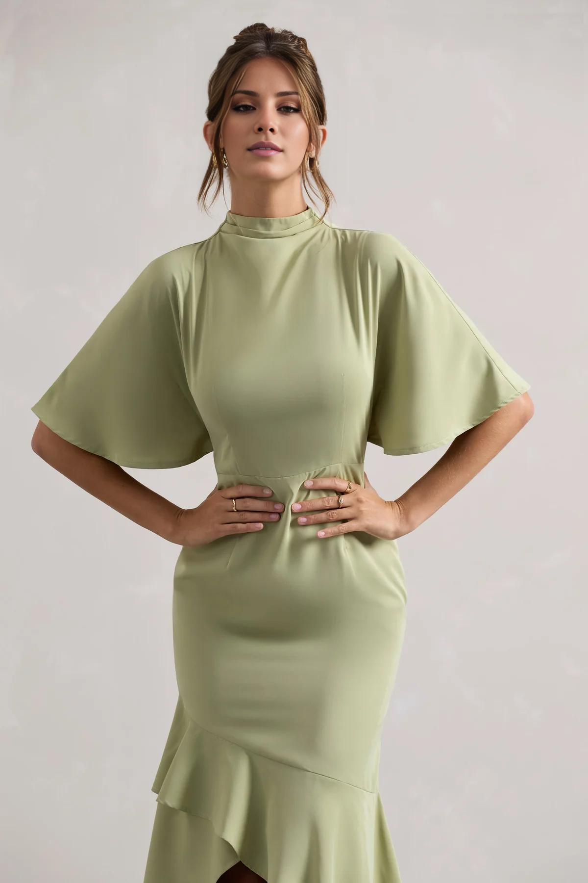 High neck ruffle sleeves asymmetrical hem and floor length evening dress - Jimiss Dress