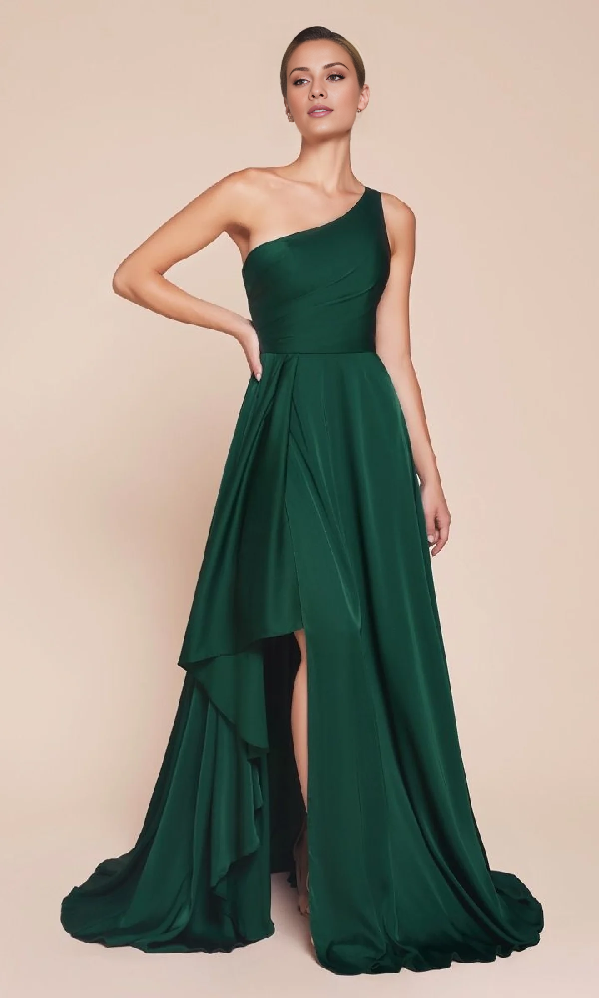 Jimiss A-line satin single shoulder long side slit and floor length evening dress