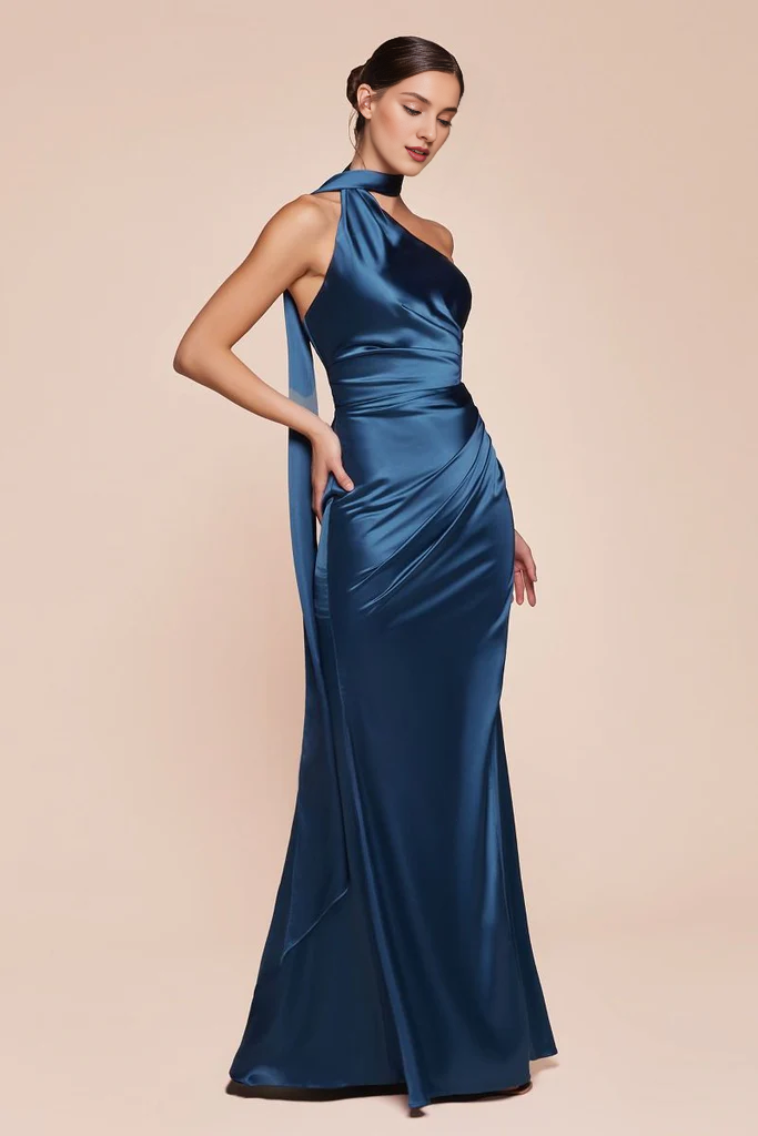 Luxury satin slim fit and floor length gown evening dresses on one shoulder