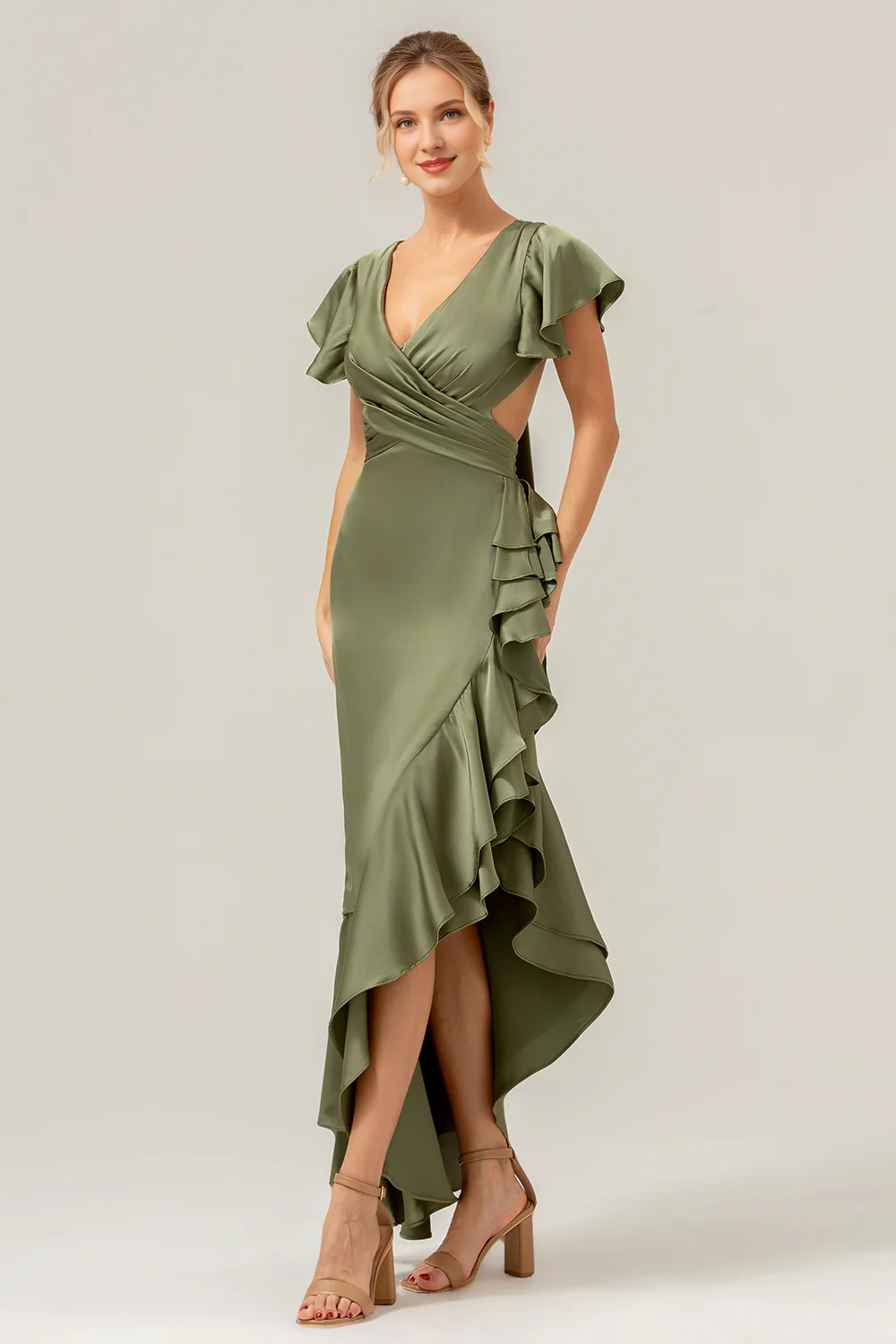A-line V-neck asymmetrical olive ruffled slit bridesmaid dress