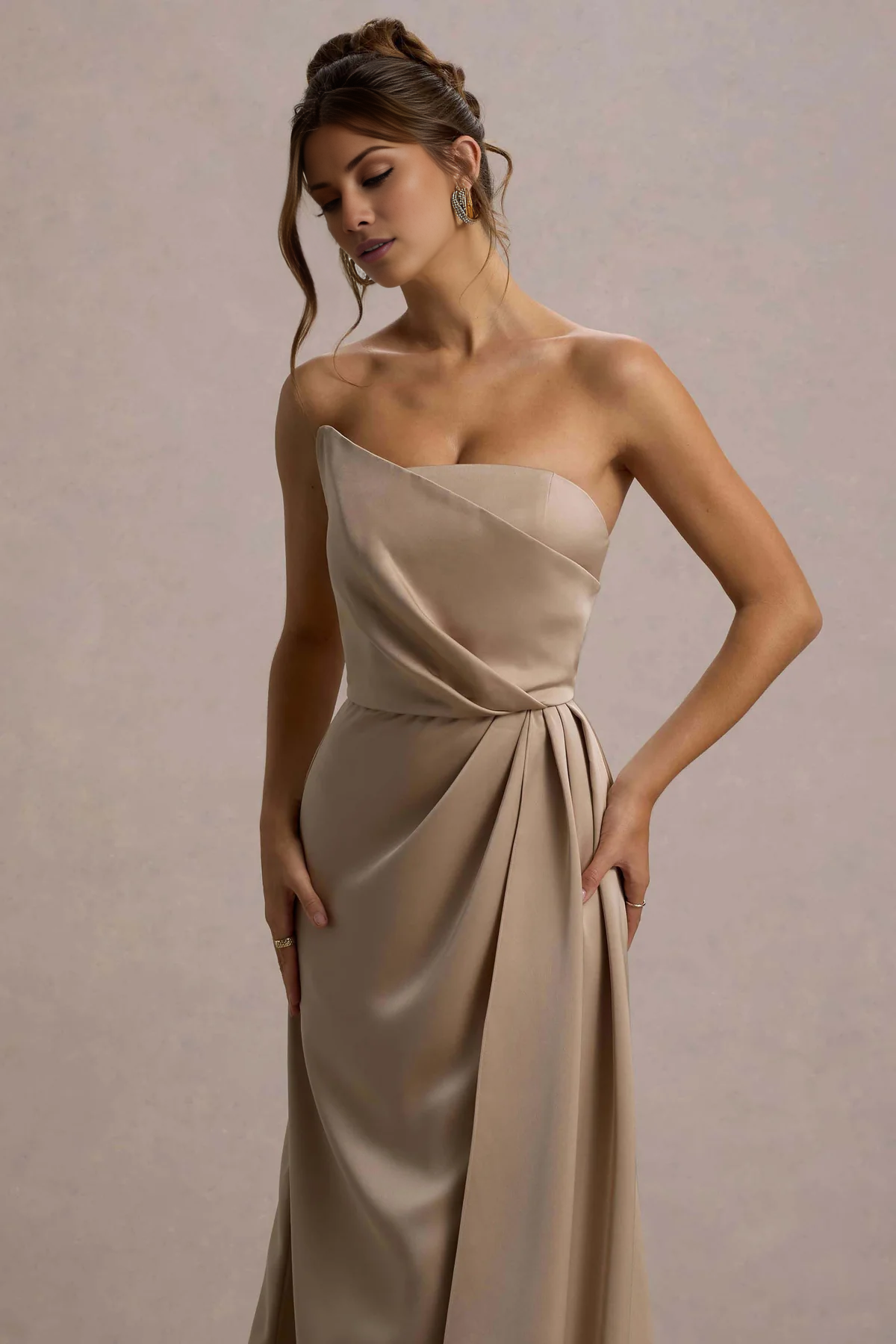 Asymmetric neckline satin strapless drape and floor length evening dress - jimiss dress