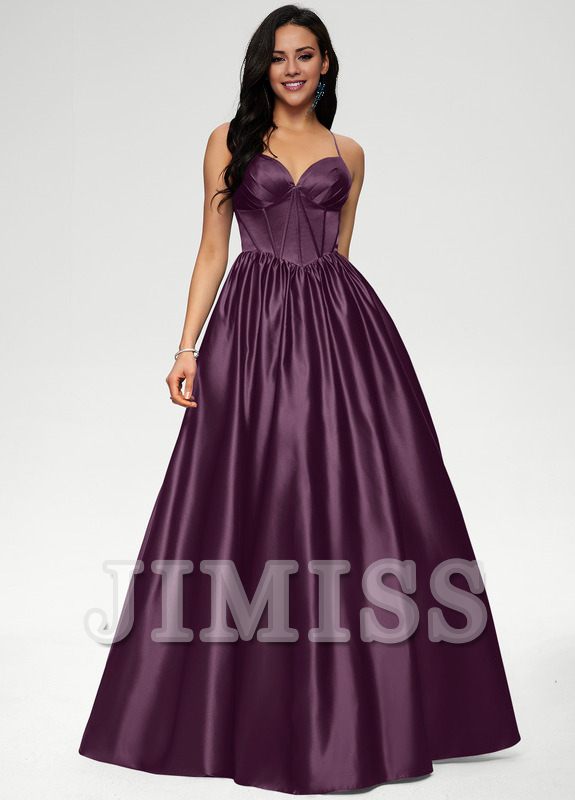 Ball-Gown/Princess V-neck pleated floor-length satin prom dress