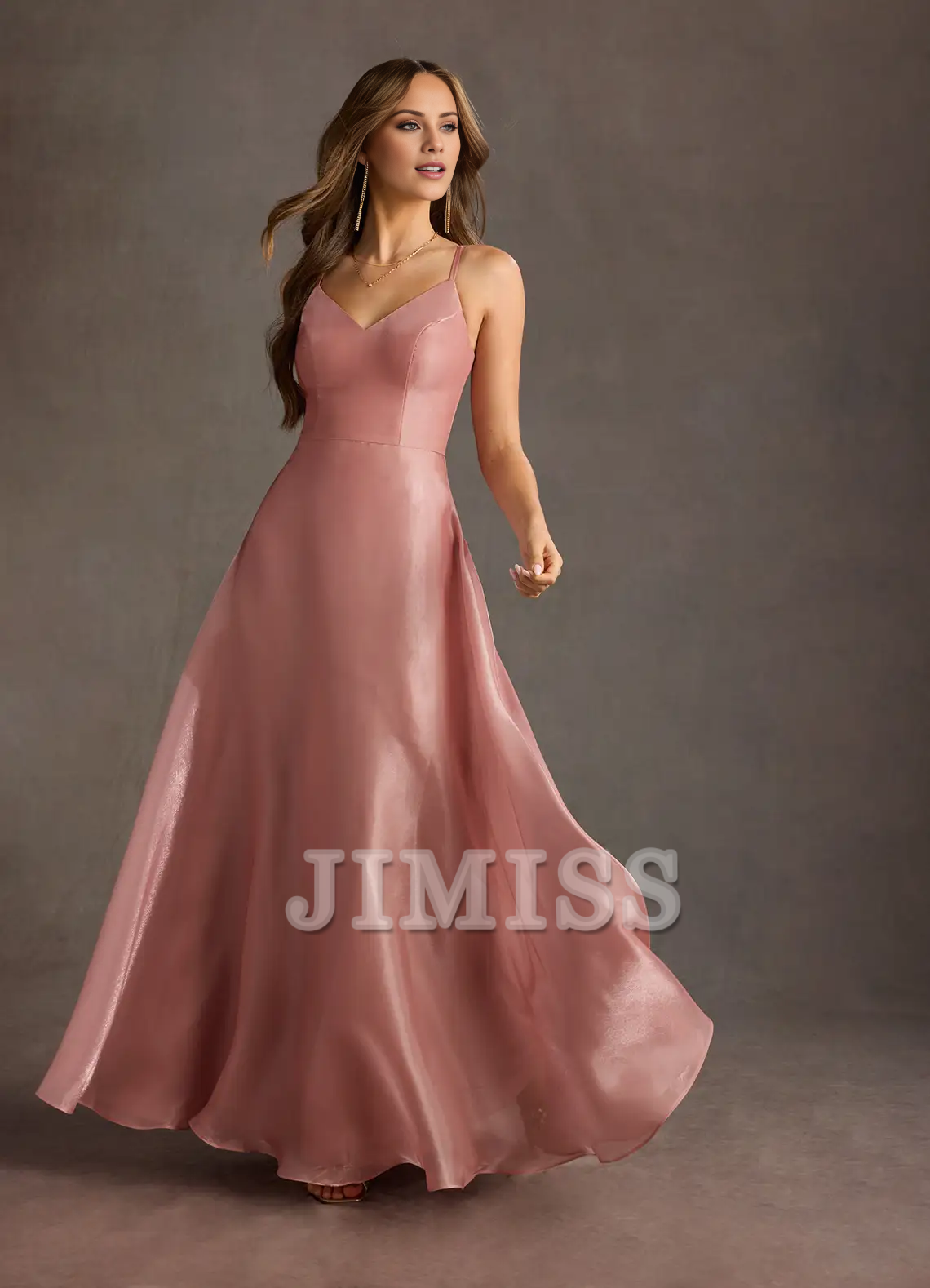 V-neck slim shoulder strap satin backless and floor length evening dress