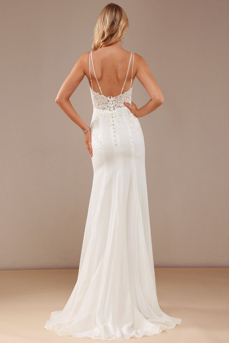 Horn/fish tail V-neck sweeping tail fine shoulder strap chiffon lace wedding dress