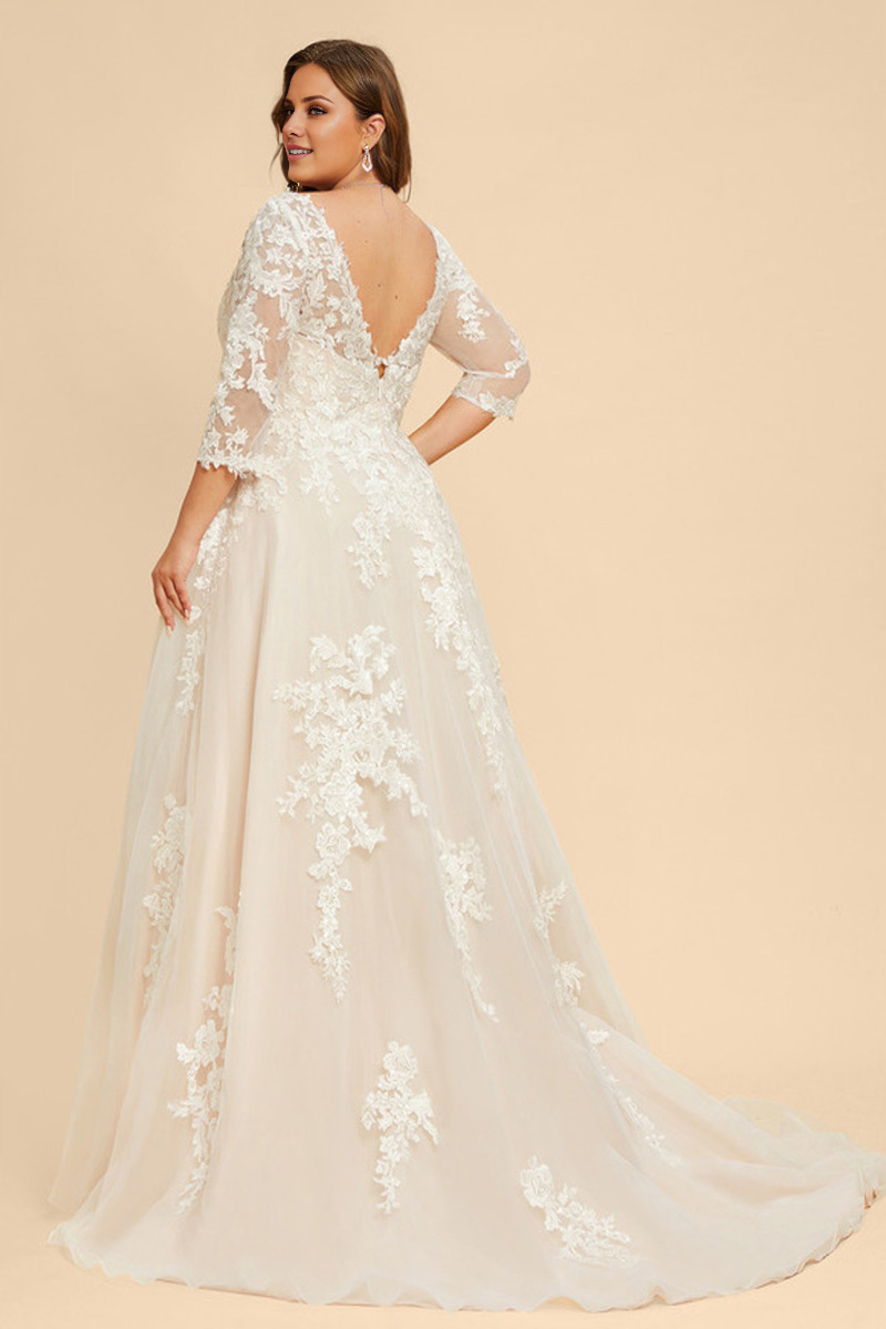 A-line V-neck sweeping trailing skirt 3/4 sleeves sequined chiffon lace wedding dress