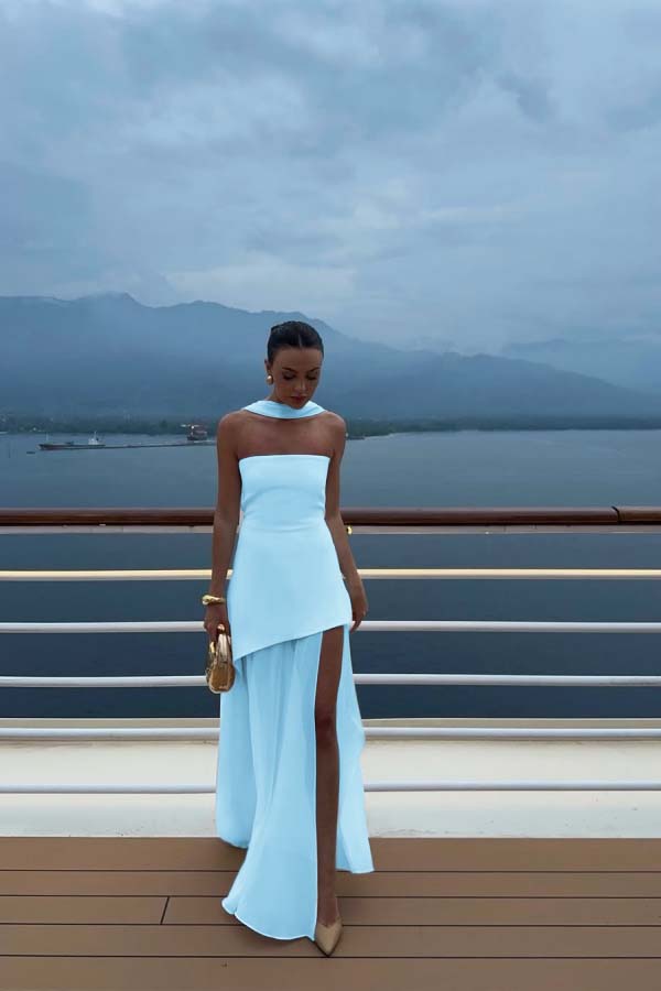 White Strapless Satin Chiffon Split Holiday Summer Prom Dress