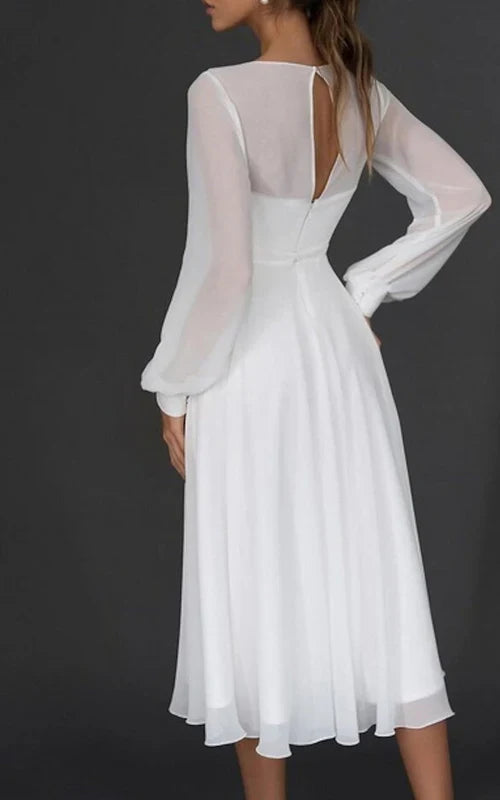 Aimishang Elegant A-Line V-neck Chiffon Long Sleeves Zipper Wedding Dress