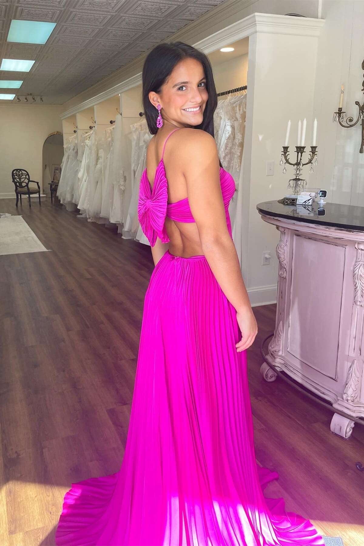 V Neck Pleated Satin Royal Blue Prom Dresses with Bow Back