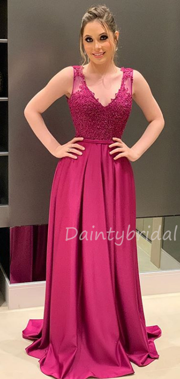 Sexy V-neck Satin A-line Long Prom Dresses Evening Dresses.DB10456